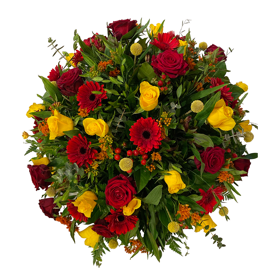 rouwarrangement rood geel