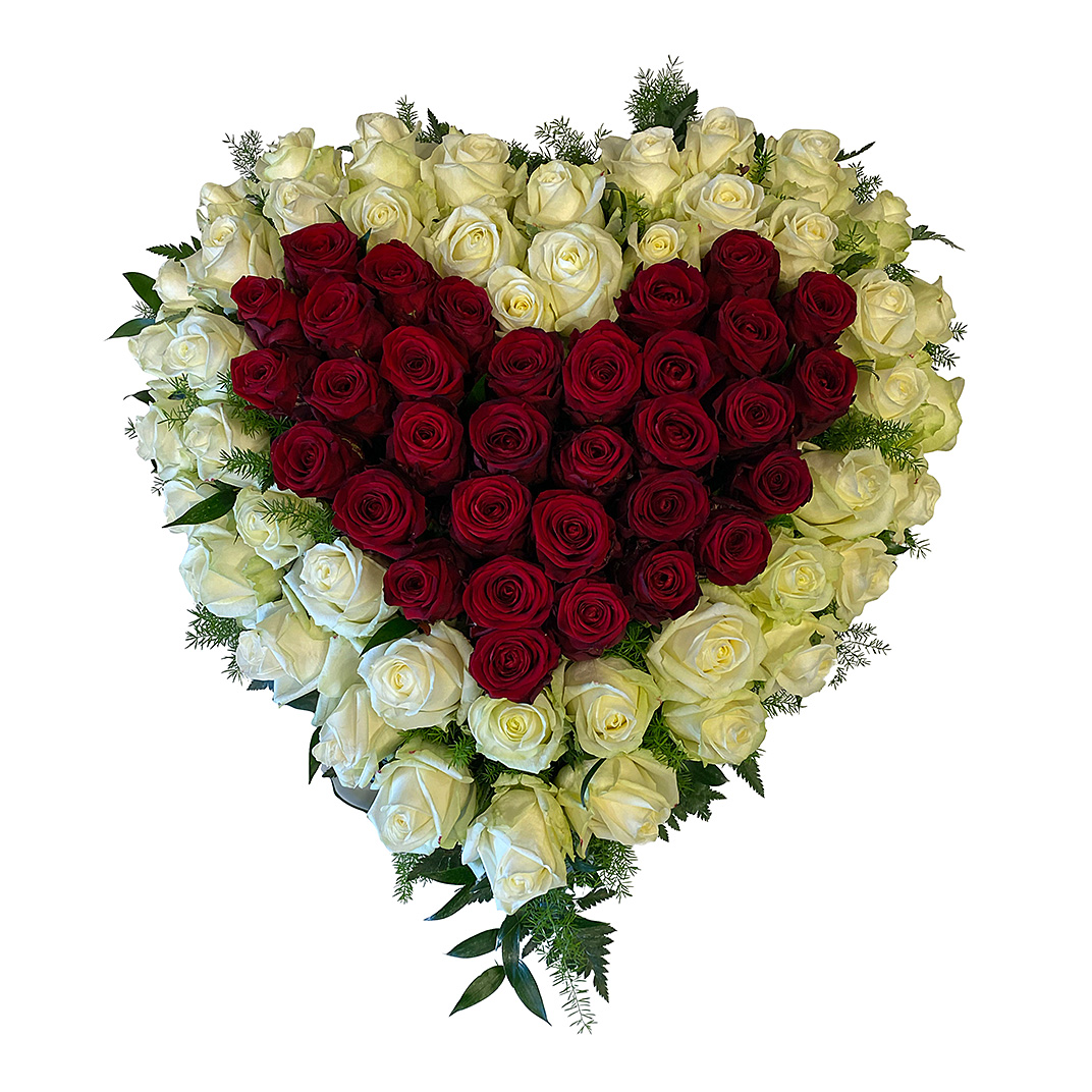 rouwhart wit rode rozen